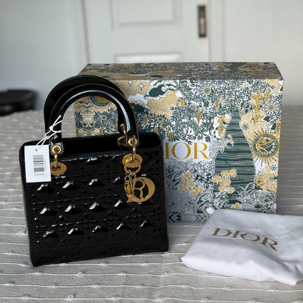 Dior Black Patent Medium Bag with Gold Accents